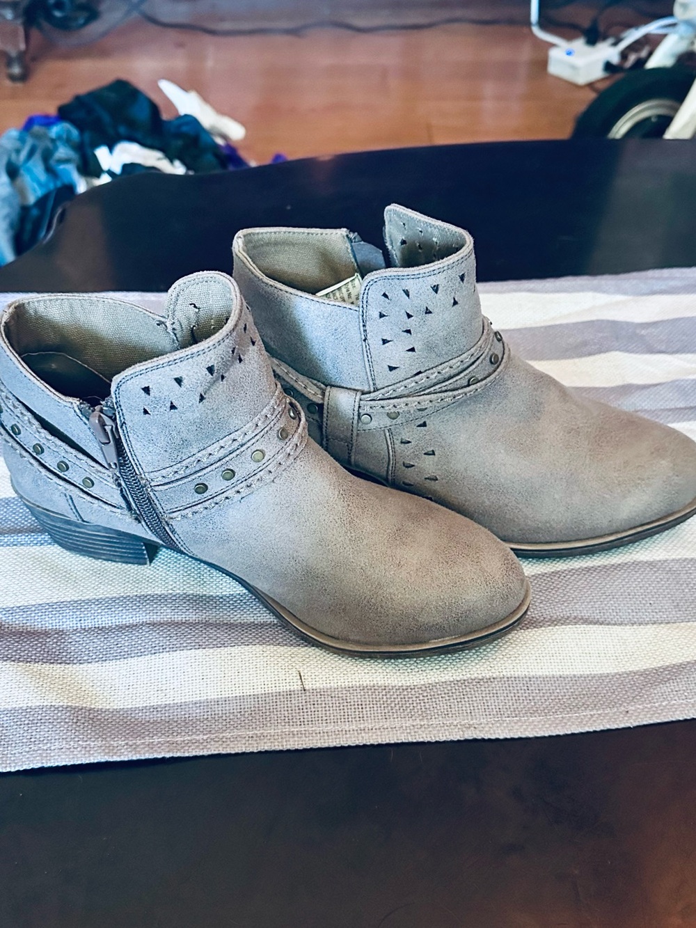 Sugar Gray Suede-Look Ankle Booties with Stud and Cutout Detail